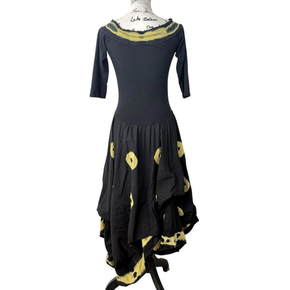 Luna Luz Black Yellow Tie-Dye Dress With 3/4 Sleeves Artsy Boho Womens Size S - Picture 3 of 8